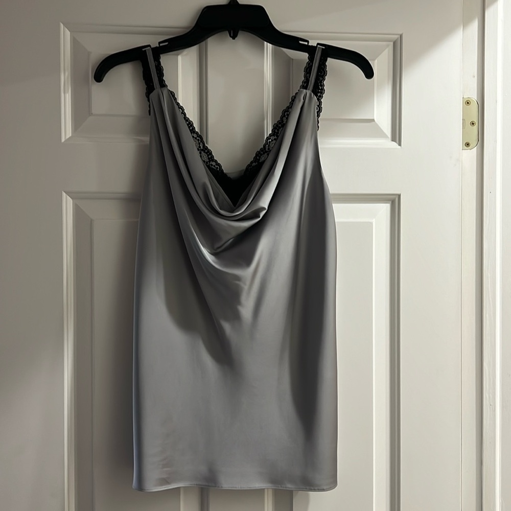 WHBM grey blouse with black lace detail size M